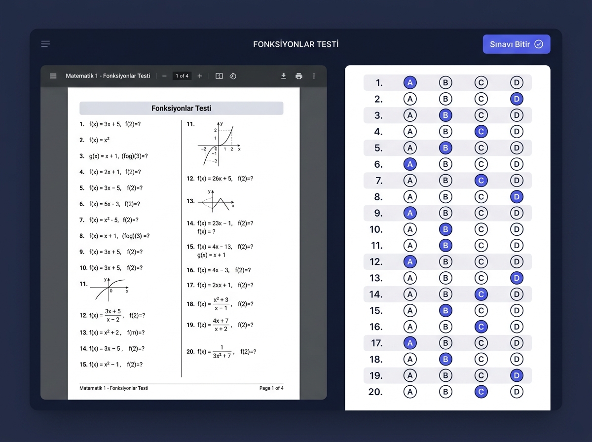 PDF test ve sağ tarafta optik form ekranı